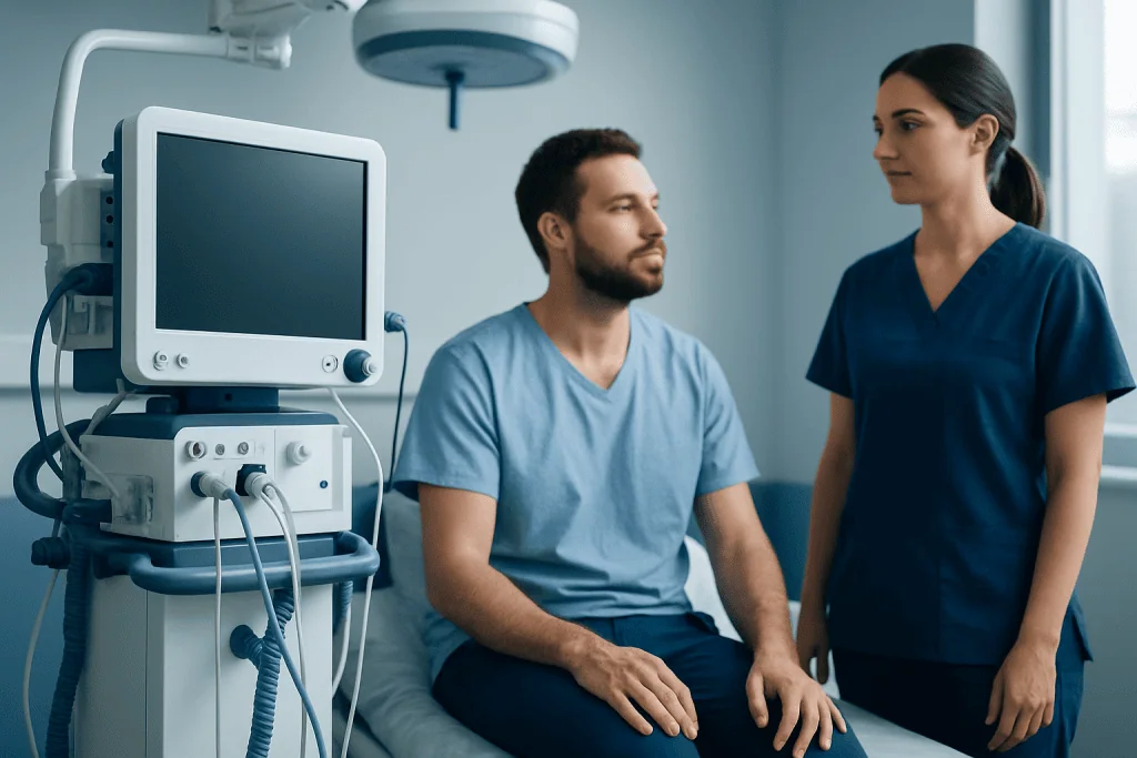 Patient in hospital room with medical monitor and healthcare professional.