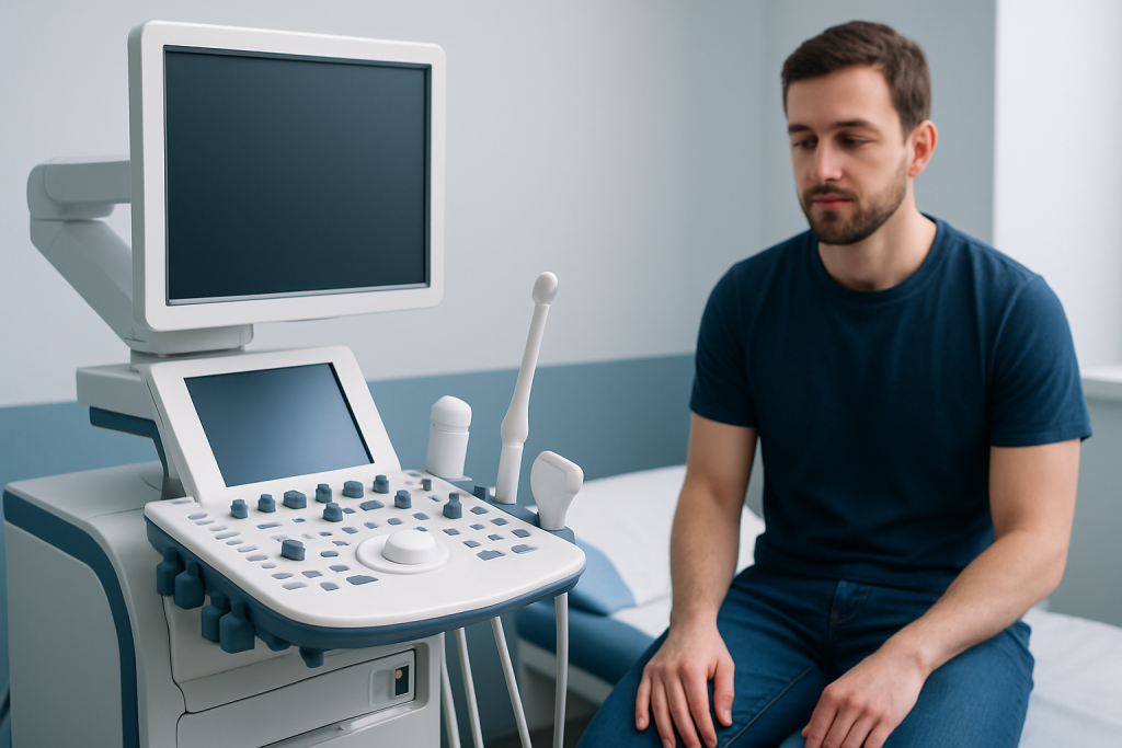 Male patient undergoing ultrasound examination at a hospital.