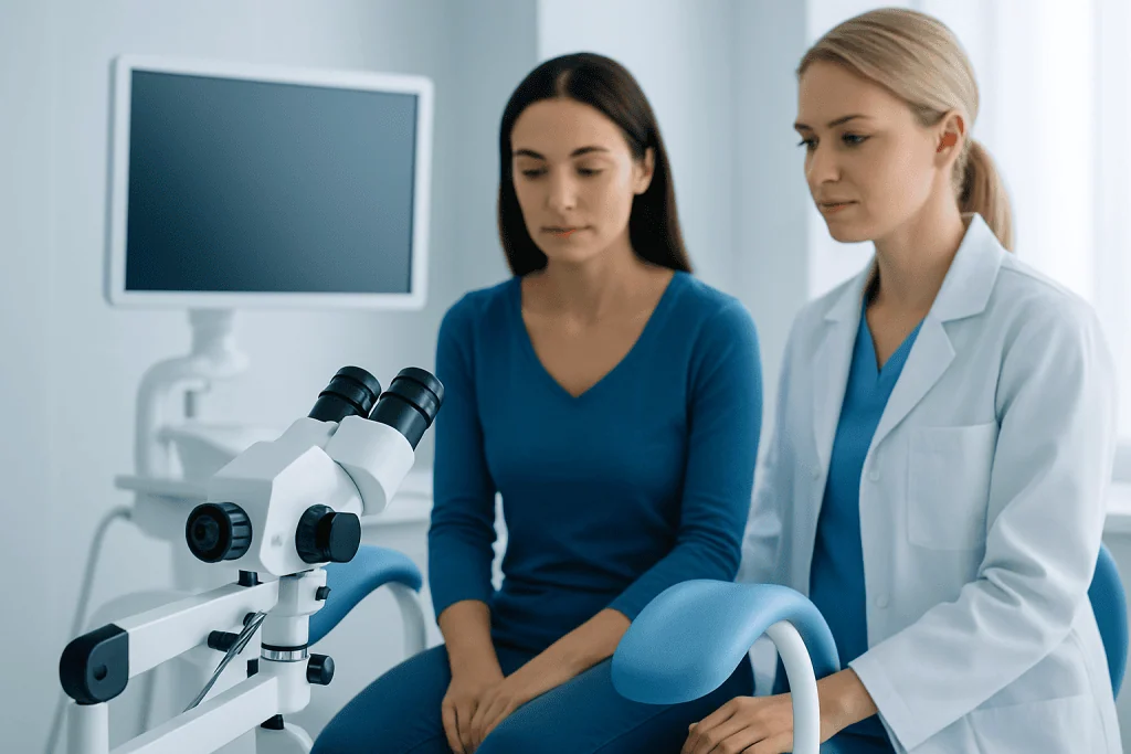 Doctor and patient in a medical consultation room with a microscope.