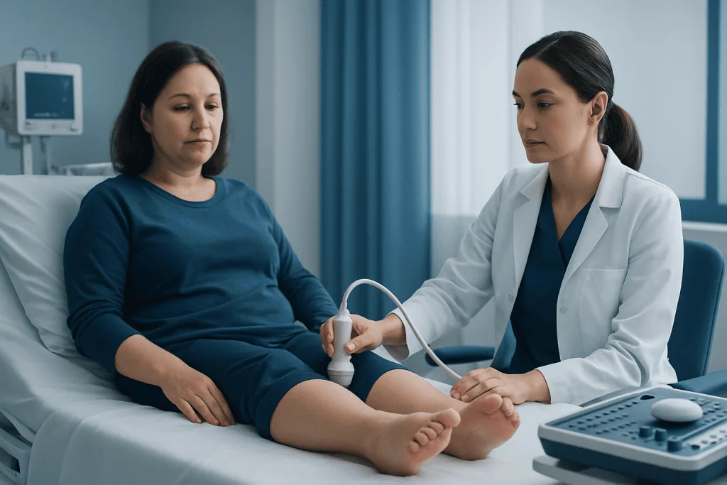 Doctor performing an ultrasound on a patient's swollen foot in a hospital room.