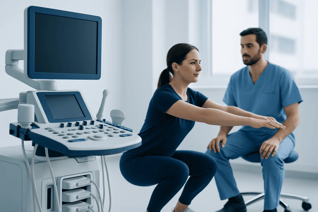 Patient undergoing a medical examination with ultrasound equipment in a hospital.
