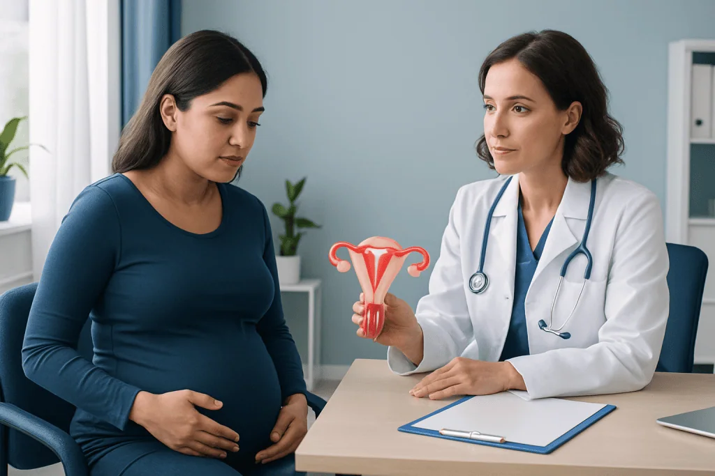 Doctor explaining uterine health to pregnant woman with model of uterus.