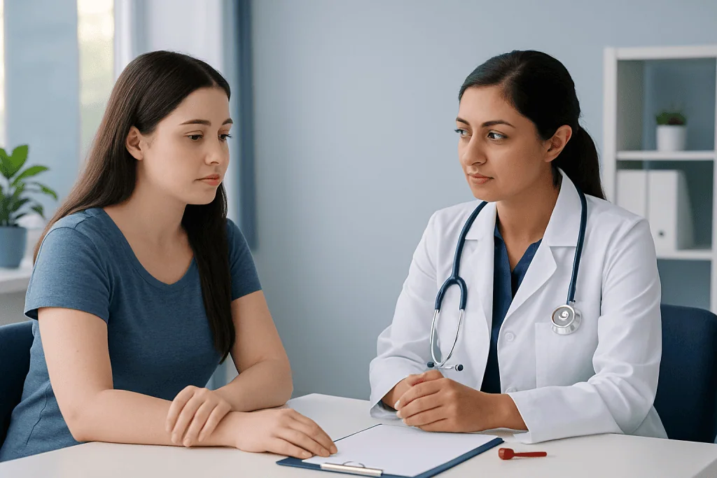 Doctor consulting with a young woman about bloodwork and health.