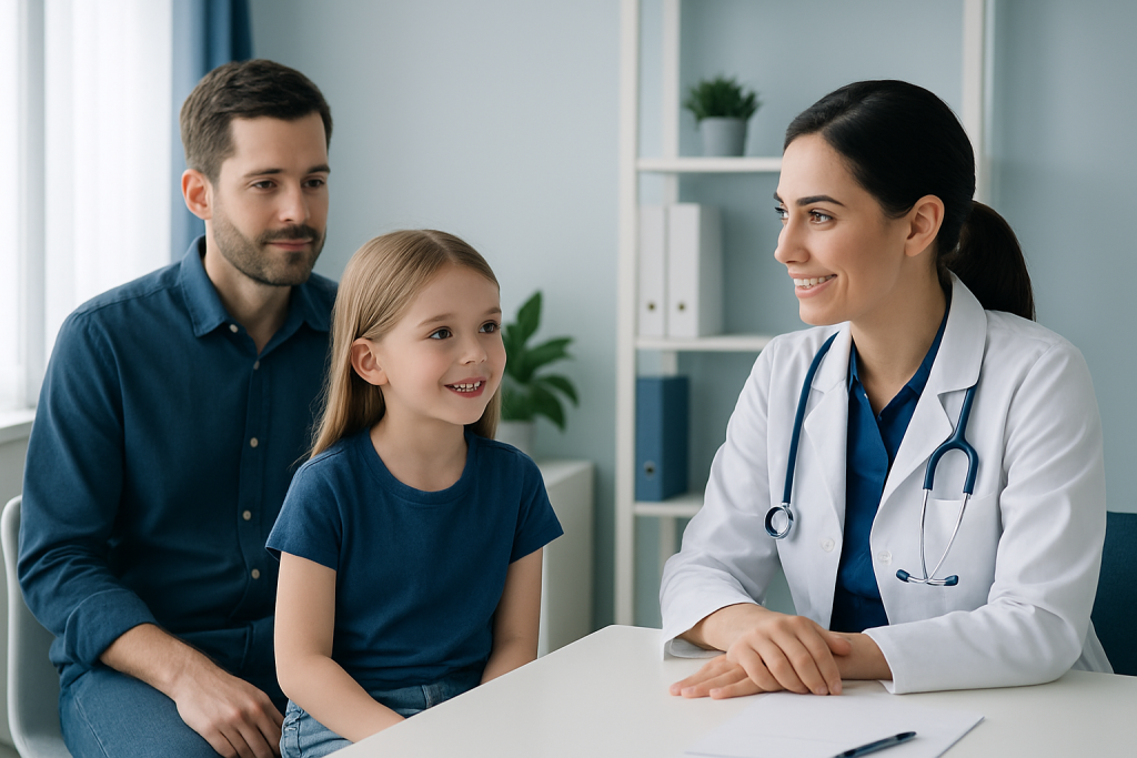 Pediatric dental consultation at Acibadem Hospital with a doctor and young girl.