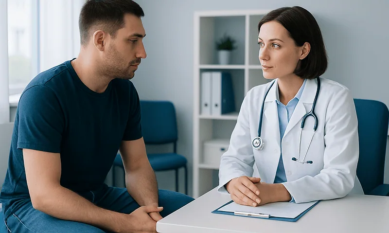 Urologist consulting male patient in a medical office setting.