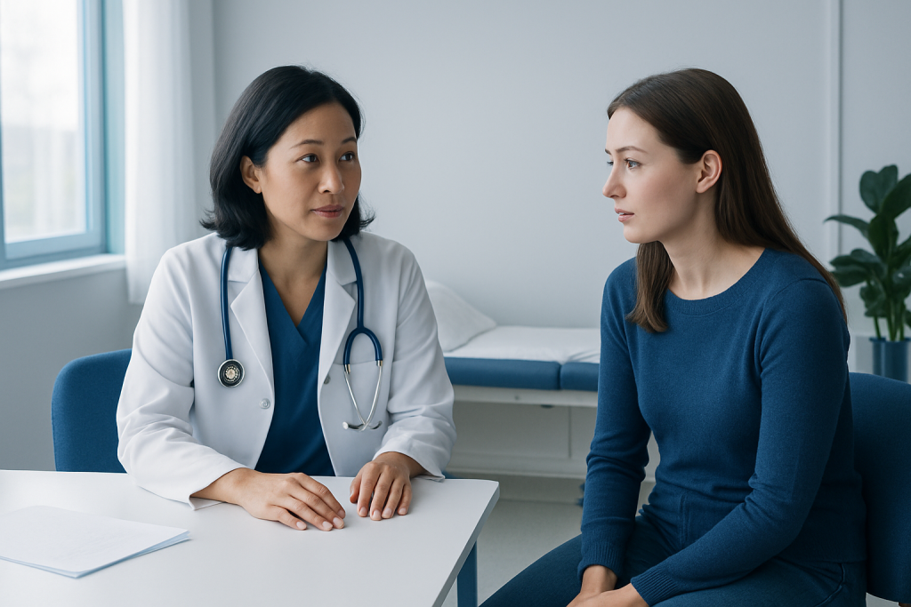 Doctor consulting female patient in a medical office setting.