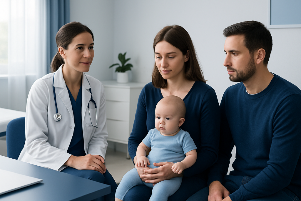 Pediatric consultation with a doctor and parents in a clinic setting.