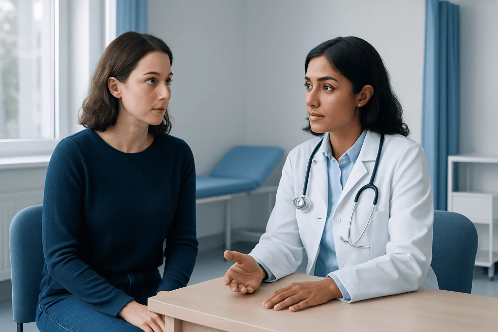 Doctor consulting with a woman patient in a medical office setting.