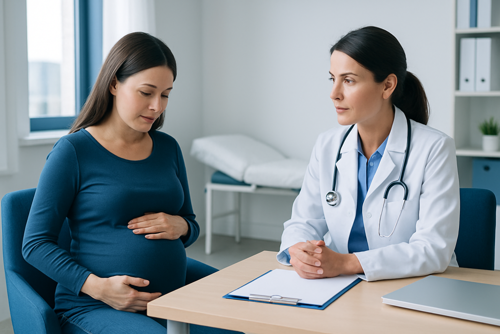 Pregnant woman consulting with a doctor in a medical office.