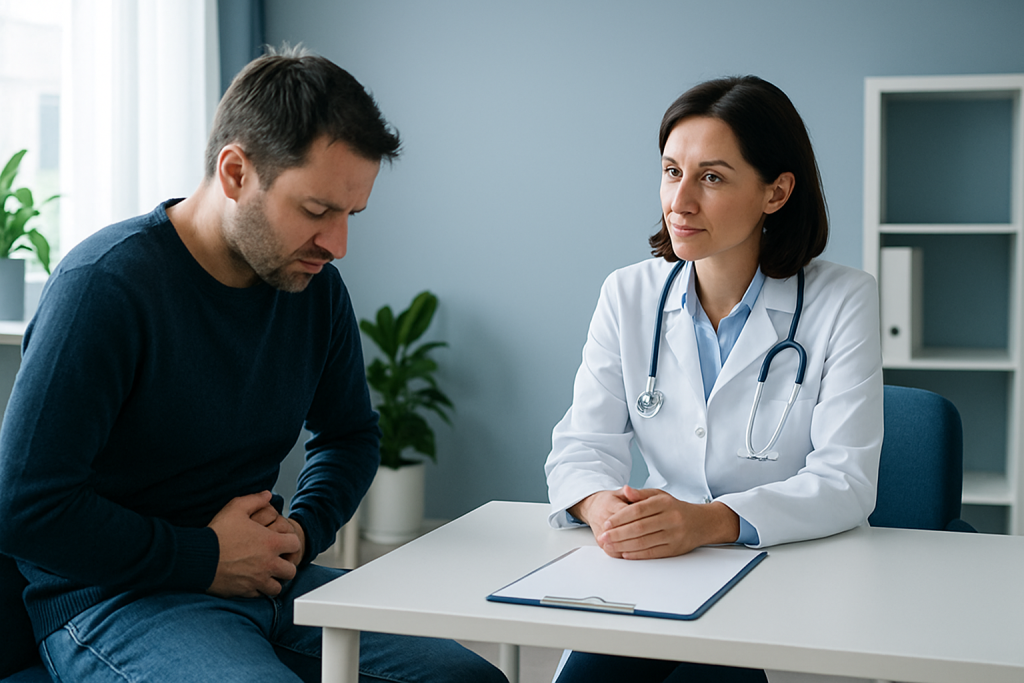 Doctor consulting with male patient in a medical office.