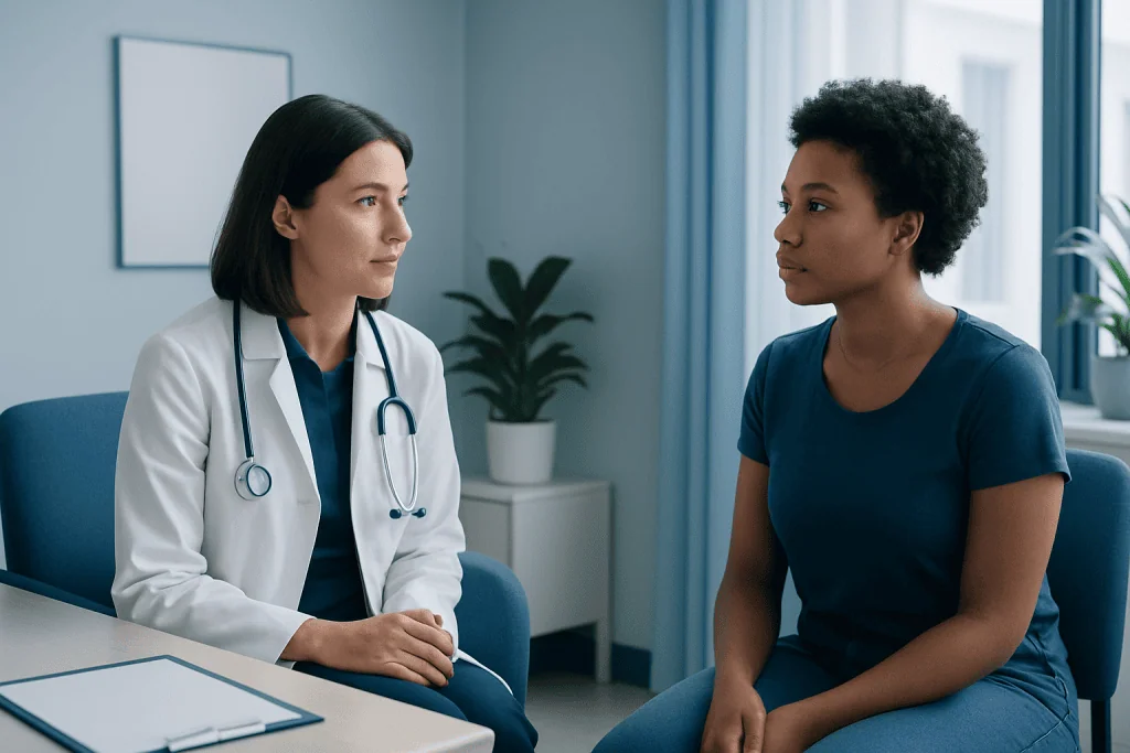 Doctor consulting with patient in a medical office setting.