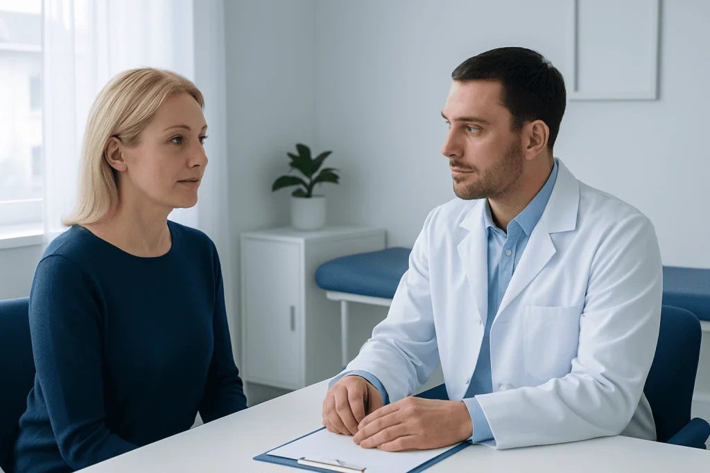 Doctor consulting with a woman in a medical office setting.