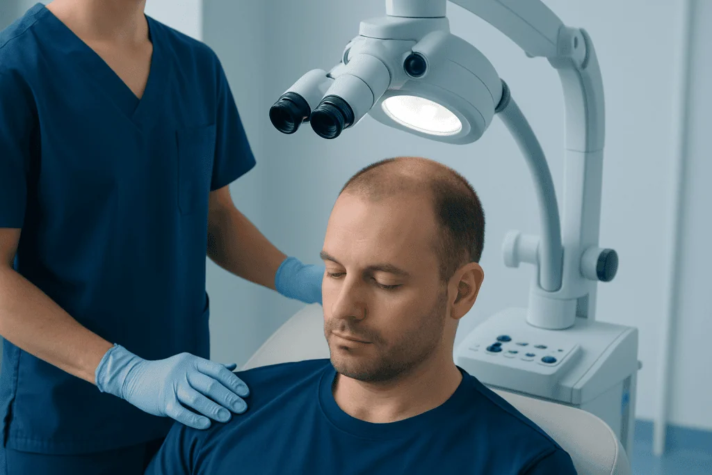Doctor performing hair transplant consultation at Acibadem Hospital.