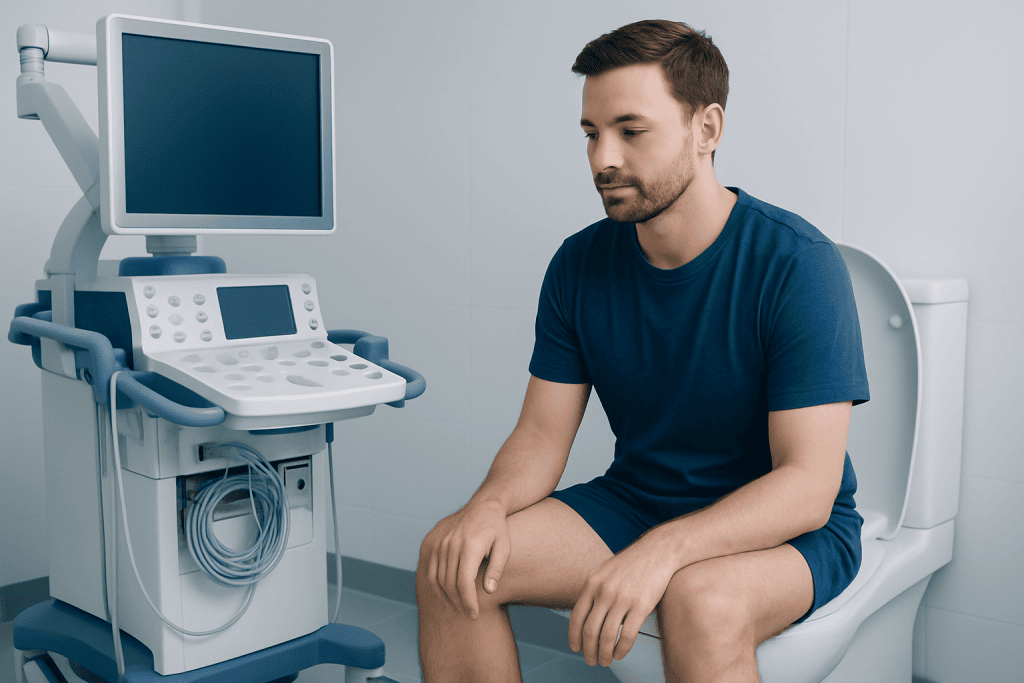 Young man sitting on toilet in medical examination room with ultrasound machine nearby.