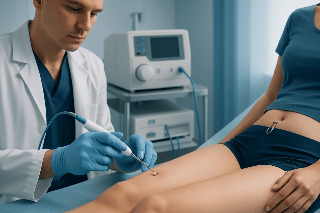Medical professional performing a skin procedure on a patient's leg in a clinical setting.