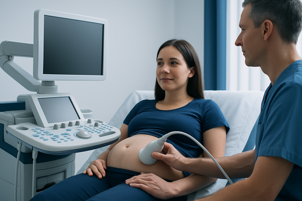 Pregnant woman undergoing ultrasound at a hospital.