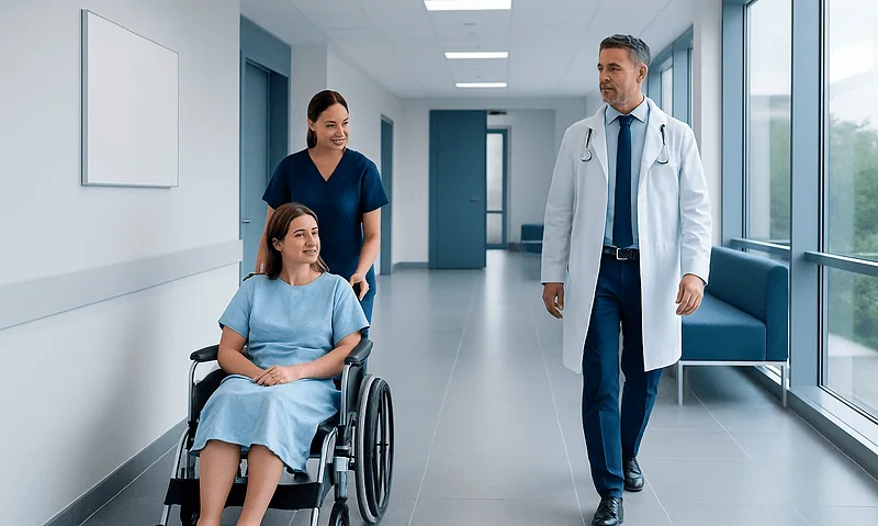 Doctor and nurse with patient in wheelchair in hospital corridor.