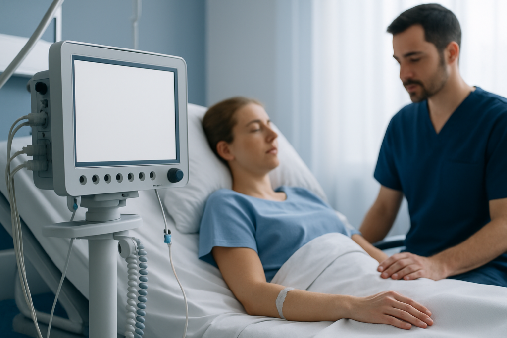 Patient in hospital bed with medical monitor and healthcare professional.