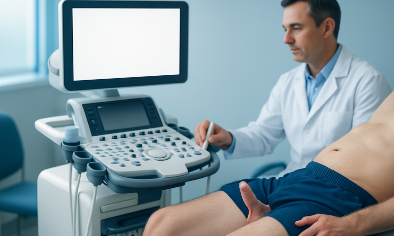Urologist performing an ultrasound exam on a patient in a medical clinic.