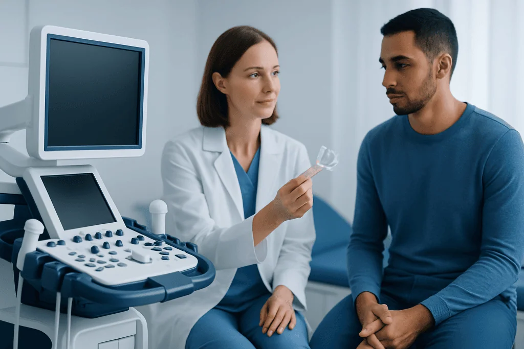 Doctor explaining ultrasound procedure to a patient in a medical clinic.