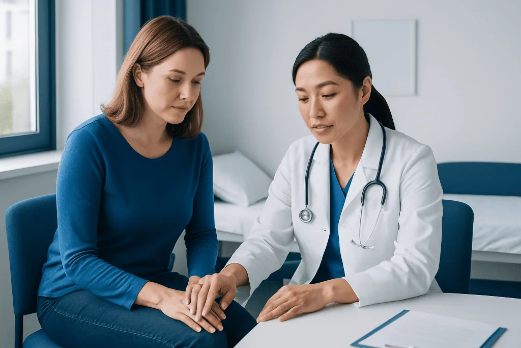 Doctor explaining stitches to a patient in a medical consultation room.