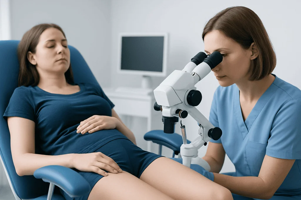 Gynecologist examining patient with microscope in clinic setting.