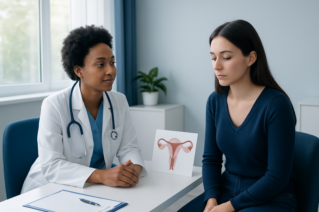 Doctor explaining ovulation to patient in a consultation room.