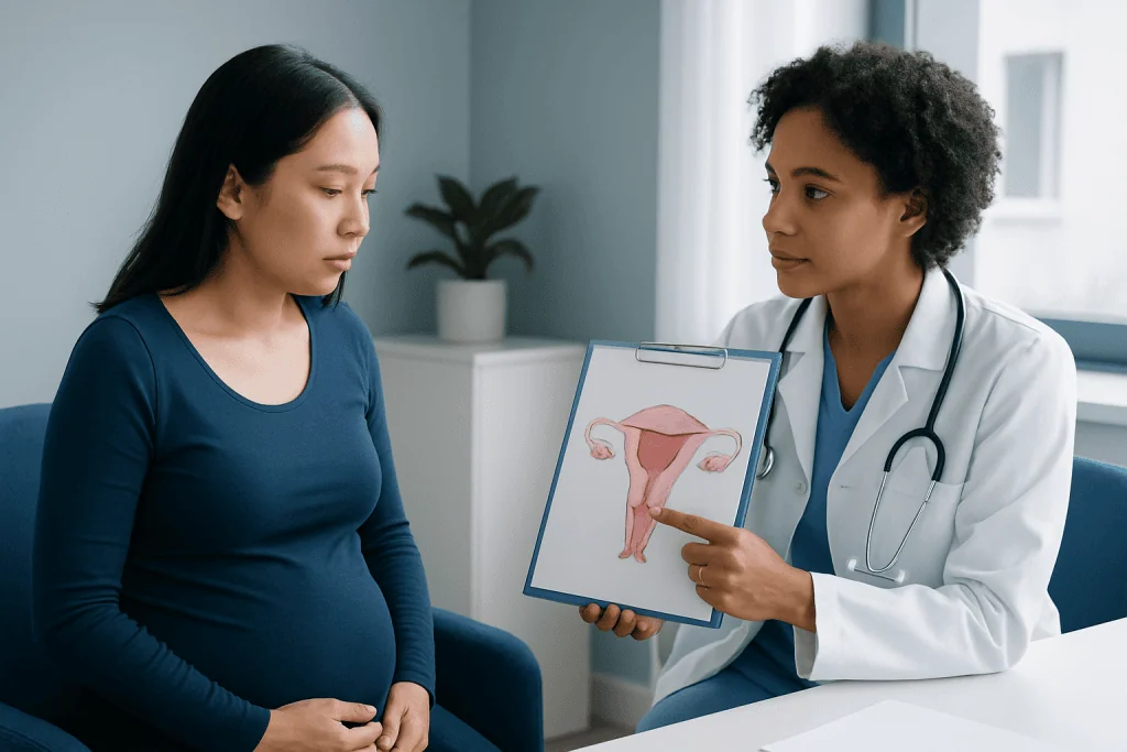 Doctor explaining early pregnancy cervix to patient with uterus diagram.