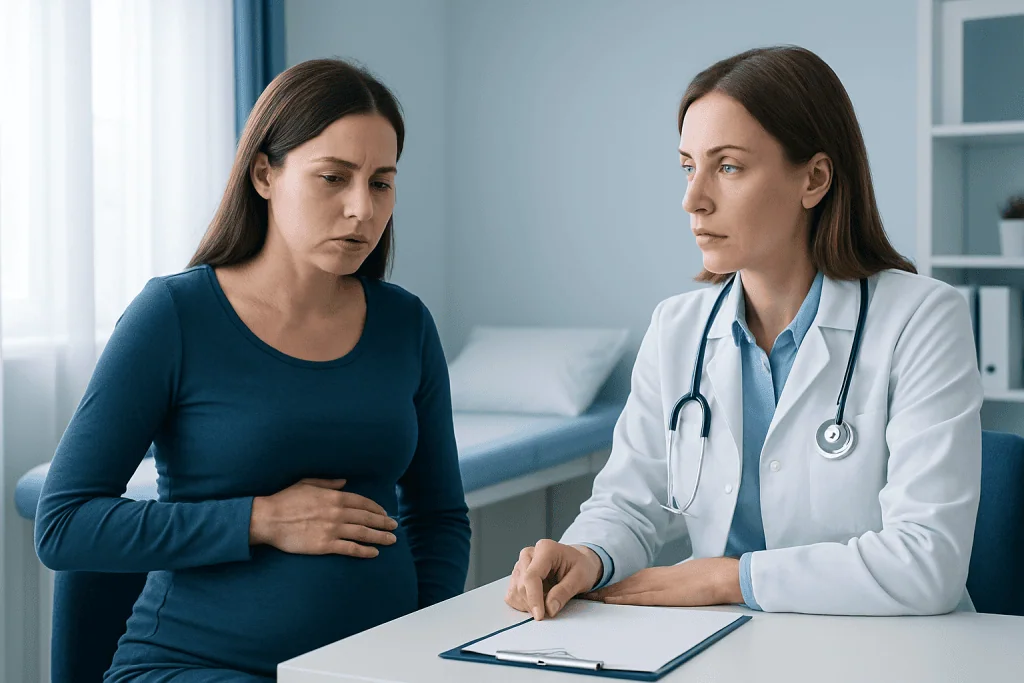 Pregnant woman consulting with a doctor in a medical office.
