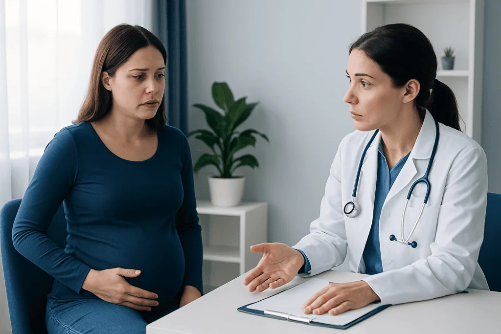 Pregnant woman consulting with a doctor in a medical office.