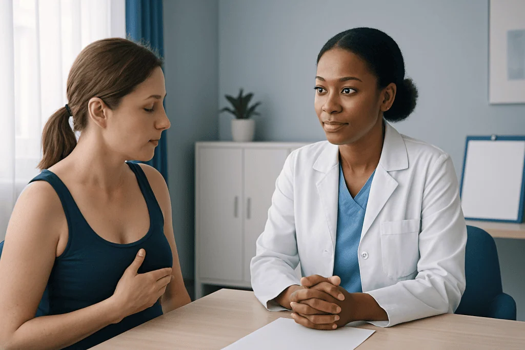 Doctor consulting with a patient about breast health and concerns.