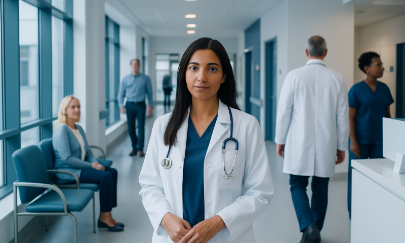 Nutrafol for Women — Explained by Medical Evidence, Not Myths 6 Female doctor in hospital corridor with patients and staff.