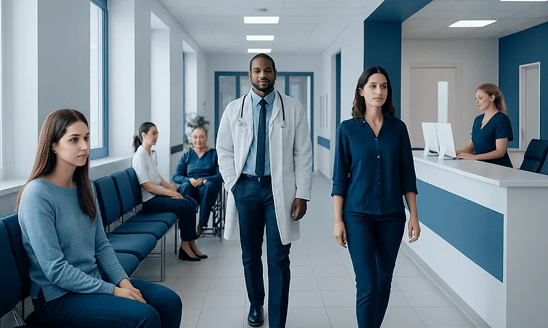 Hospital waiting area with patients and medical staff at Acibadem Hospitals Group.