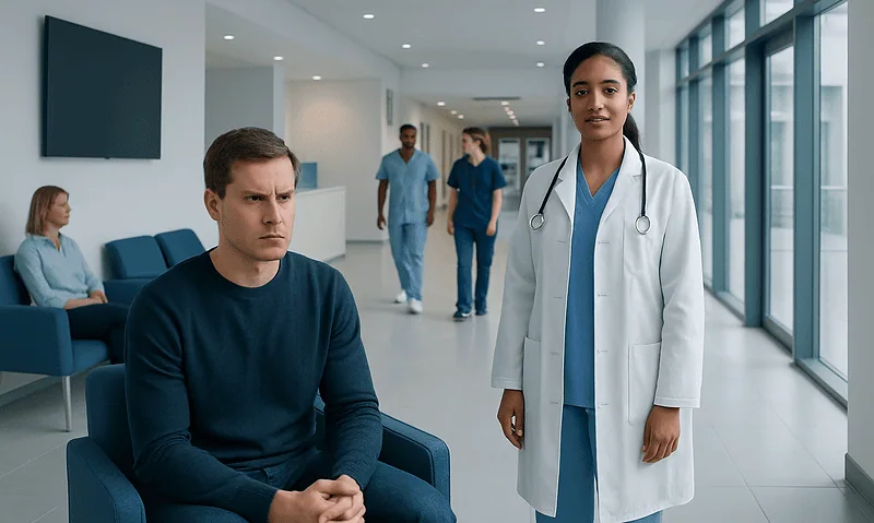 Doctor and patient in hospital corridor with medical staff in background.