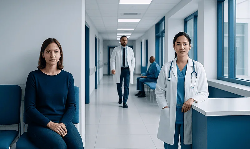 Medical professionals and patient in a hospital corridor at Acibadem Hospitals Group.