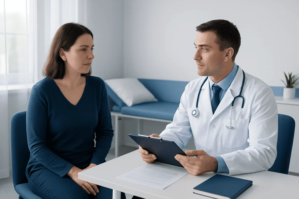 Doctor consulting with a female patient in a modern clinic setting.