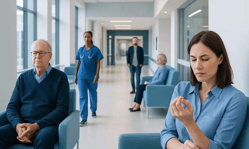 Patient experiencing nail issues in a hospital waiting area.