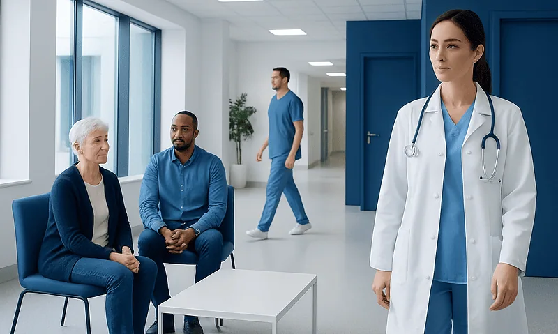 Doctor consulting elderly patient in hospital corridor with staff in background.