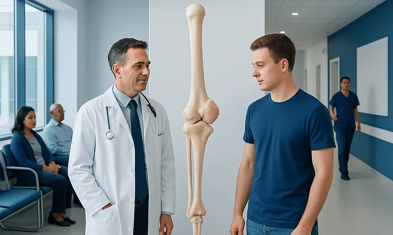 Doctor explaining osteochondroma to patient with bone model in hospital corridor.
