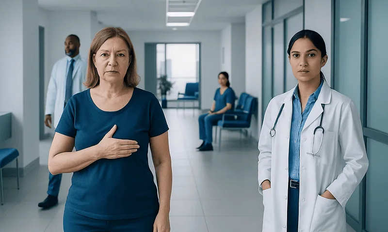 Woman with chest discomfort at hospital, doctor nearby, healthcare setting.