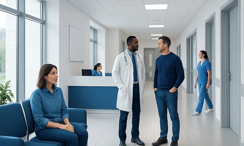 Healthcare professionals and patients in a modern hospital corridor.