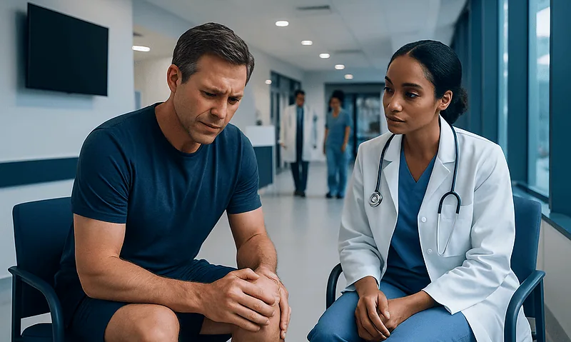 Patient consulting with doctor in hospital corridor.