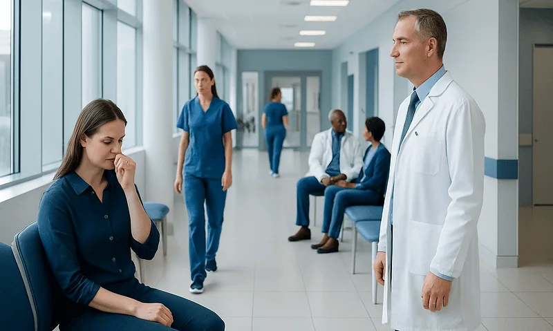 Patient experiencing symptoms in hospital corridor with medical staff nearby.