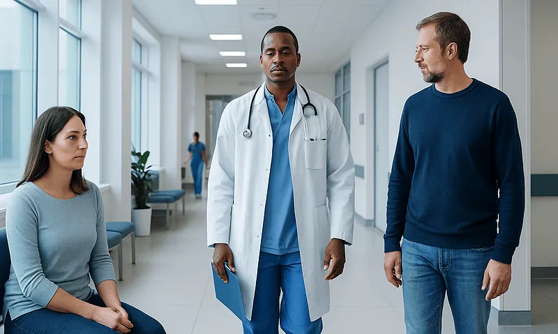 Doctor consulting with a patient and visitor in hospital corridor.