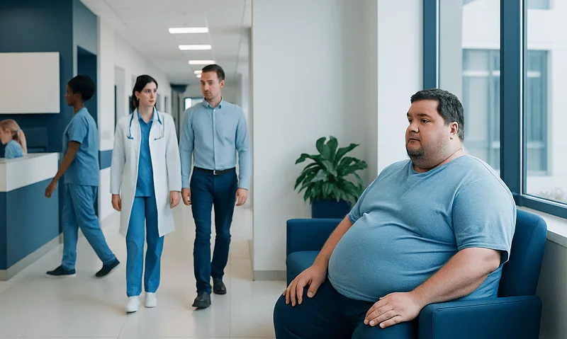 Obese man waiting in hospital corridor for medical consultation.
