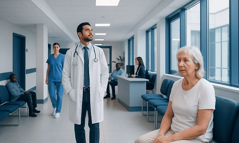 Doctor consulting elderly woman in hospital corridor with patients and staff.