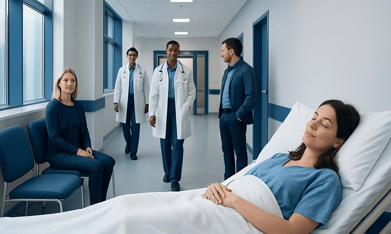 Patient resting in hospital bed with medical staff nearby in a hospital corridor.
