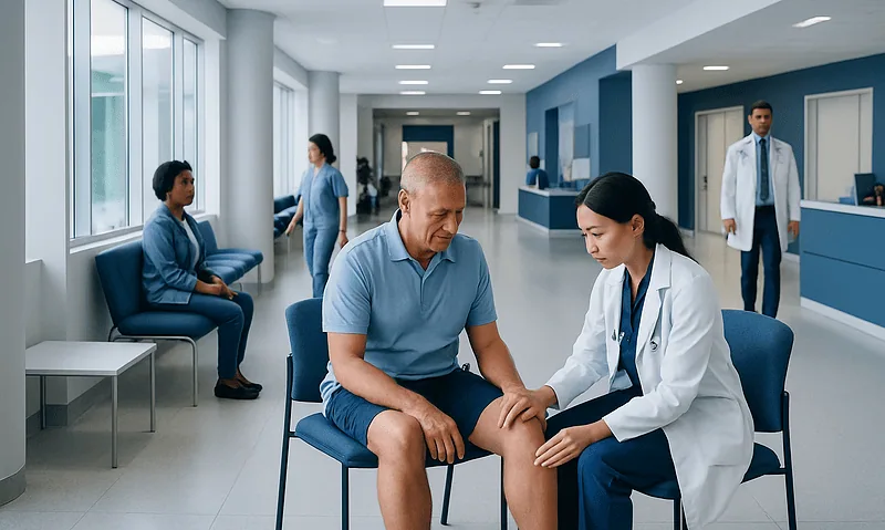 Doctor examining patient's knee in a modern hospital waiting area.