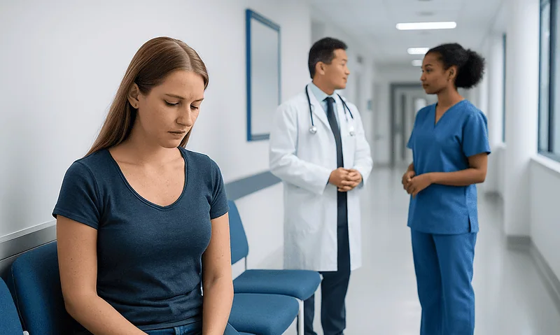 Patient sitting in hospital corridor with healthcare professionals nearby.