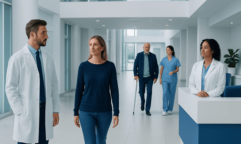 Medical staff and patient walking in hospital corridor at Acibadem Hospitals Group.